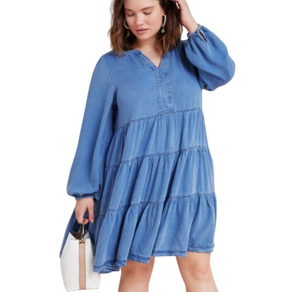 Anthropologie 2X Plus Maeve Susannah Tiered Tunic Dress Chambray Swing